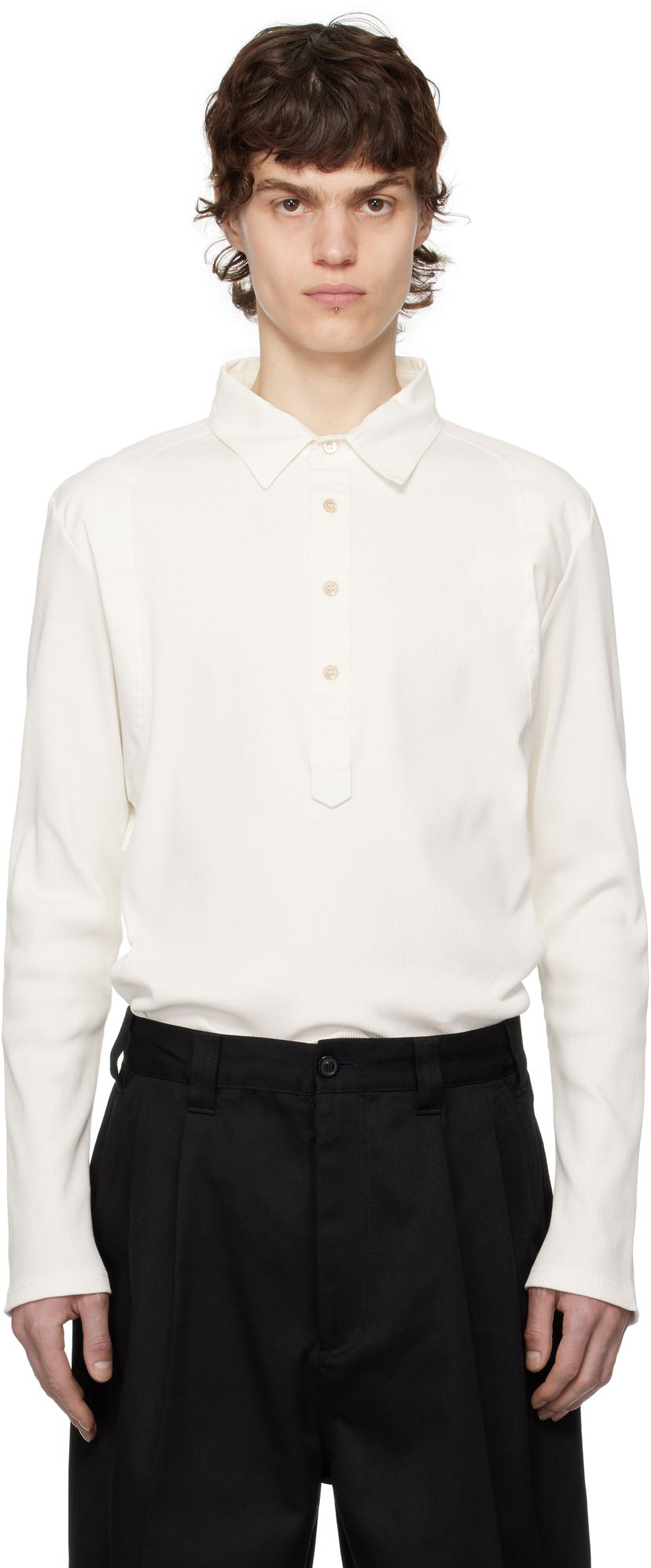 Polo skjorte Wales Bonner Wales Bonner Dub Long Sleeve Polo Hvid | MS25JE03-JE02-000 RIB JERSEY