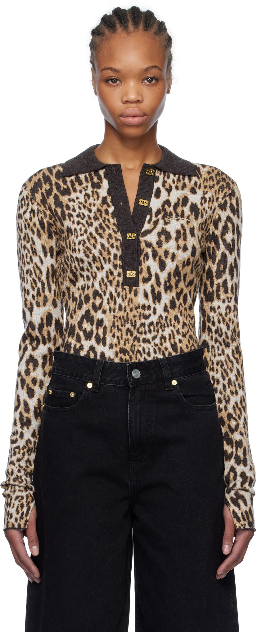 Polo skjorte GANNI GANNI Leopard Knit Polo Brun | K2341
