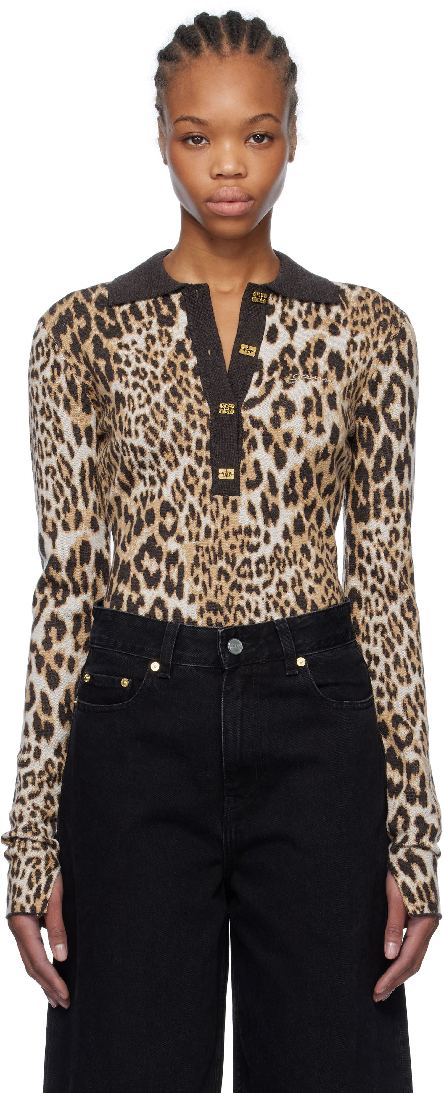 Polo skjorte GANNI GANNI Leopard Knit Polo Brun | K2341, 0