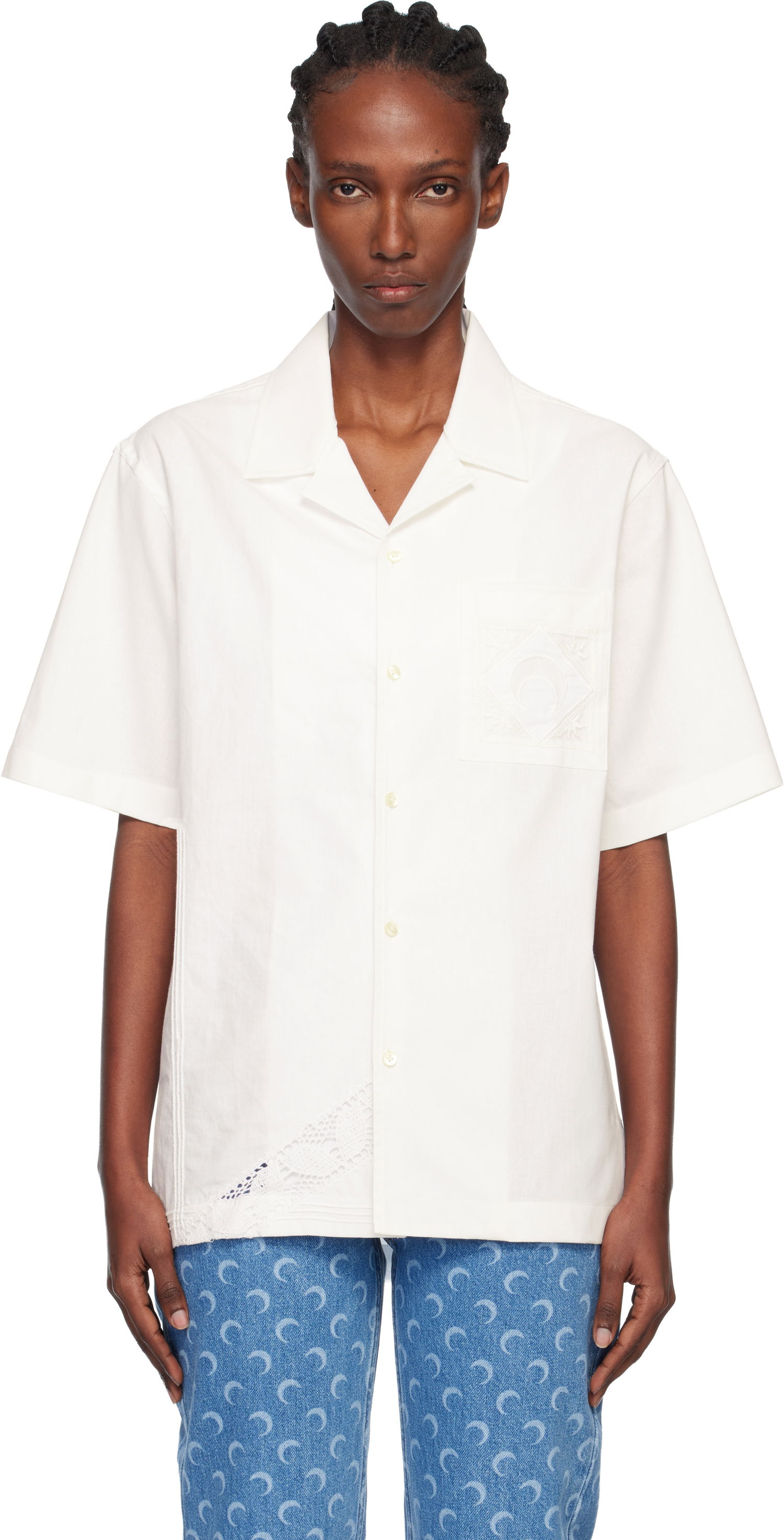 Skjorte Marine Serre Regenerated Household Linen Short Sleeve Bowling Shirt Hvid | USI016AUWOV0045, 0