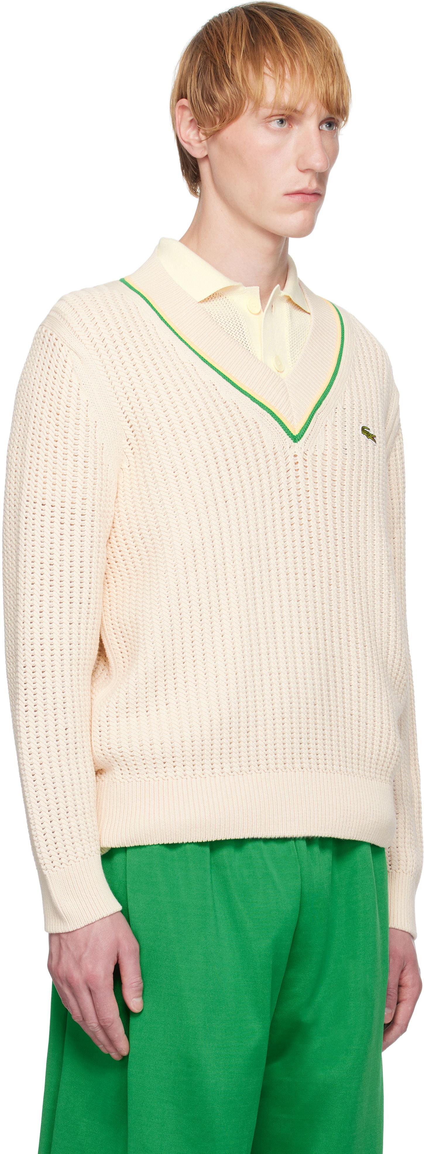 Sweater Lacoste Lacoste V-Neck Striped Tennis Sweater Beige | AH9303_GIH, 1