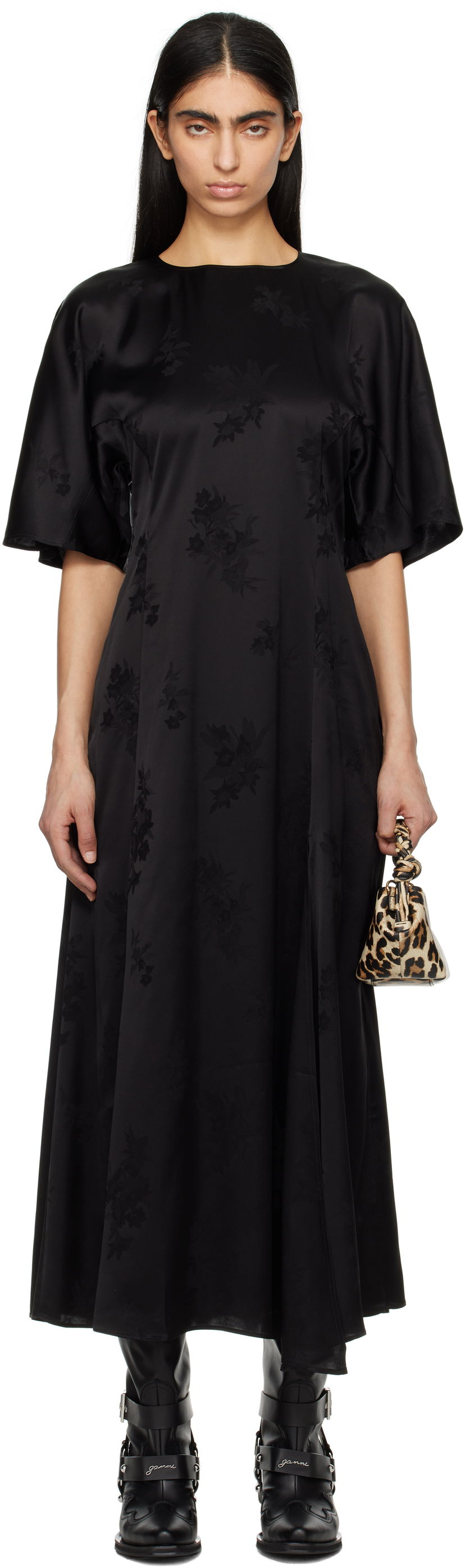 Kjole GANNI GANNI Fluid Satin Jacquard Slit Maxi Dress Sort | W0255
