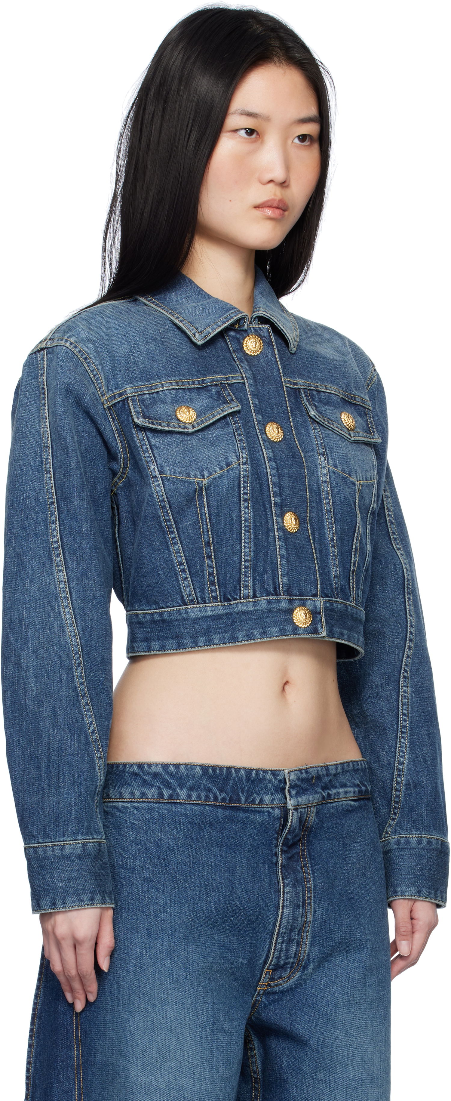 Jakke Balmain Cropped Faded Denim Jacket Blå | EF1TC180DF65, 1