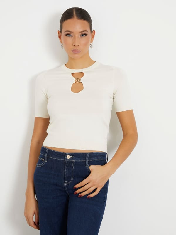 T-shirt GUESS Cut-Out Sweater Top Hvid | W4RR21Z2Y72, 0
