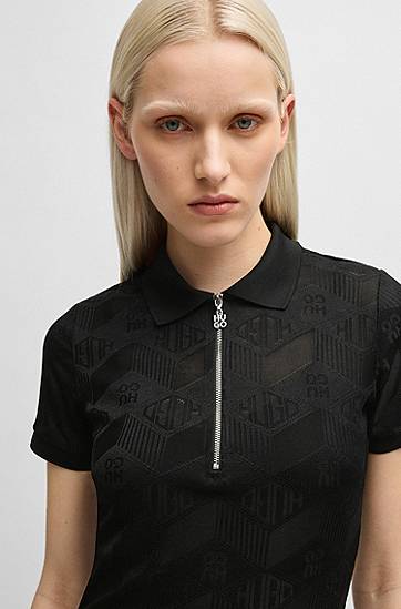 Kjole BOSS Jacquard Knit Dress with Logo Zip Placket Sort | 50537774, 1