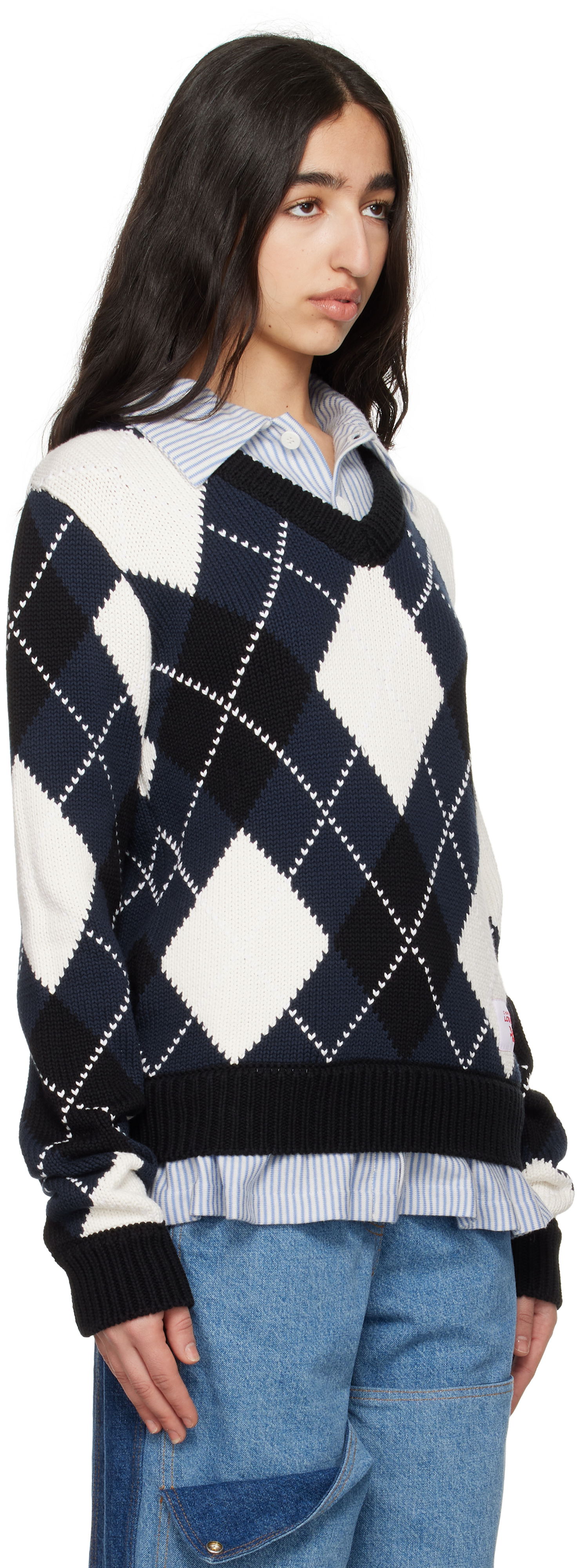 Sweater Charles Jeffrey Loverboy Charles Jeffrey LOVERBOY Argyle V-Neck Sweater Mørkeblå | 54091501, 1