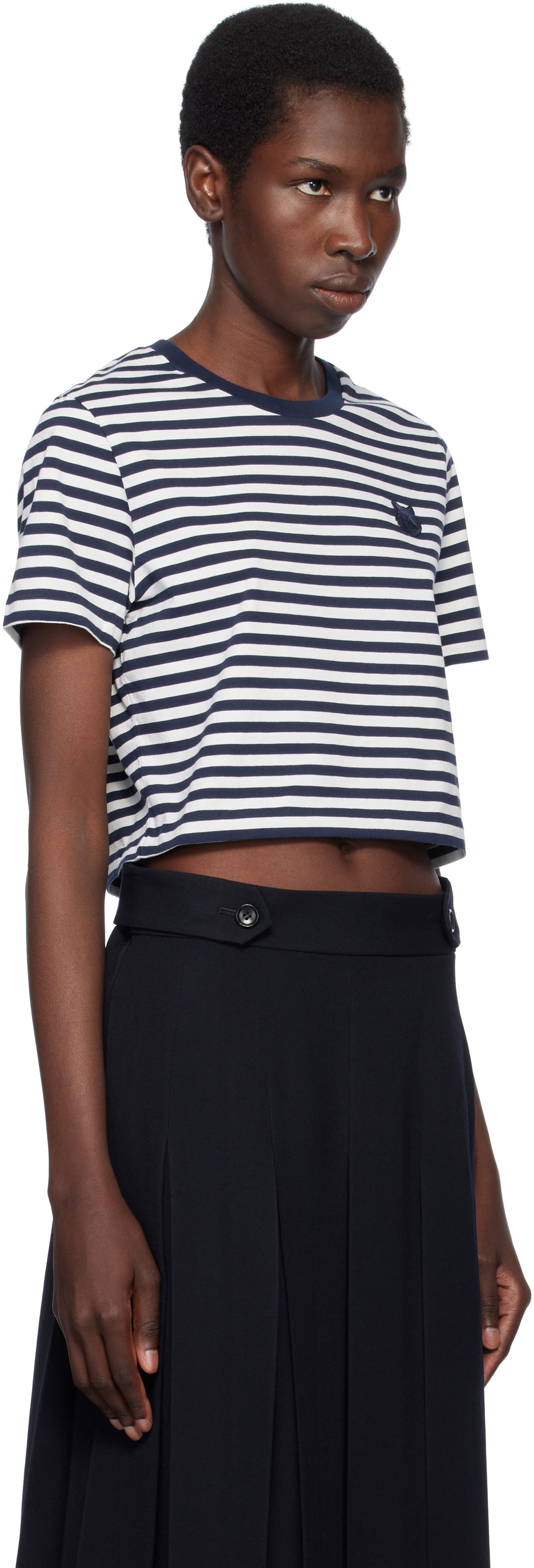 Crop top MAISON KITSUNÉ Maison Kitsuné Fox Head Patch Striped Cropped T-Shirt Mørkeblå | OW00110KJ0008, 1