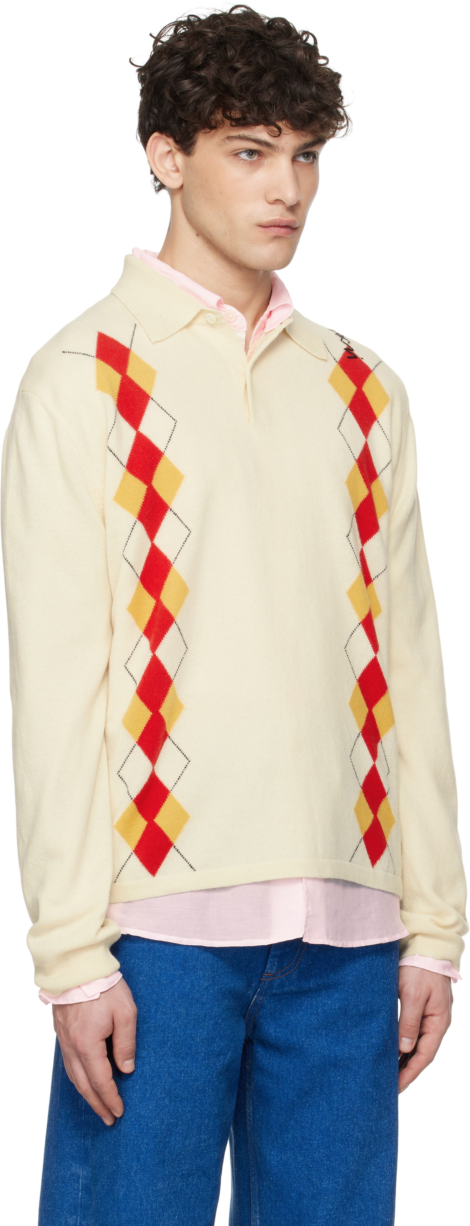 Sweater Marni Marni Argyle Detail Knit Polo Shirt Beige | POMG0072Q2 UFH546, 1