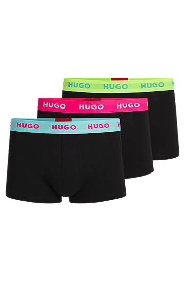 Boksere BOSS HUGO Three-Pack Stretch-Cotton Trunks with Logo Waistbands Sort | 50532611, 0