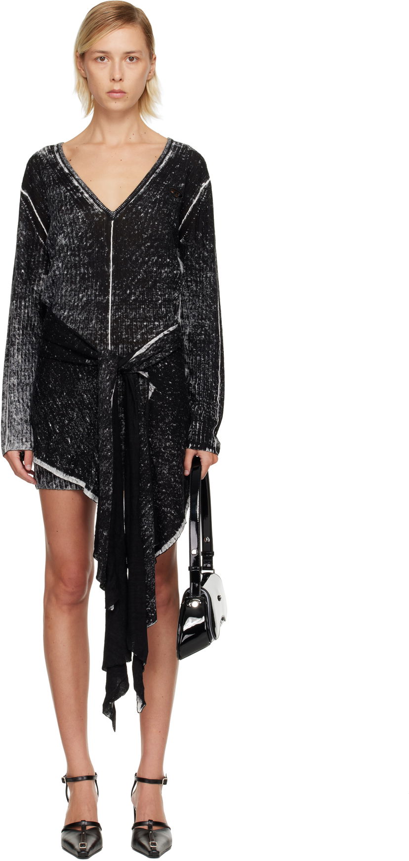 Kjole Diesel M-Egaknot Distressed V-Neck Tie-Front Minidress Sort | A18864 0BJBR