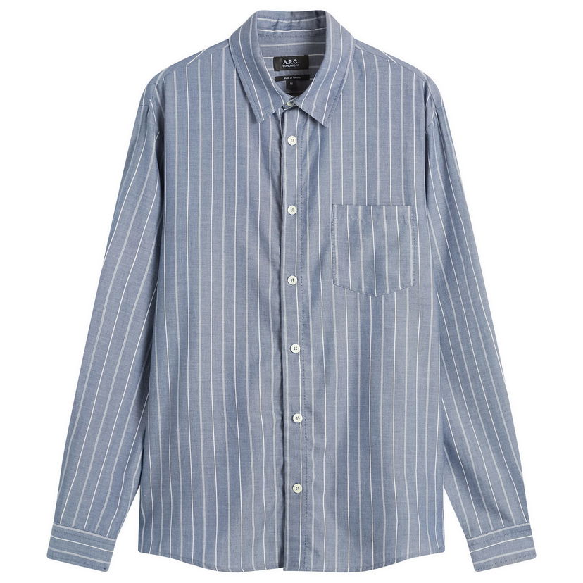 Skjorte A.P.C. Men's Clement Stripe Shirt, Size Small Blå | COHJU-H12512-IAA