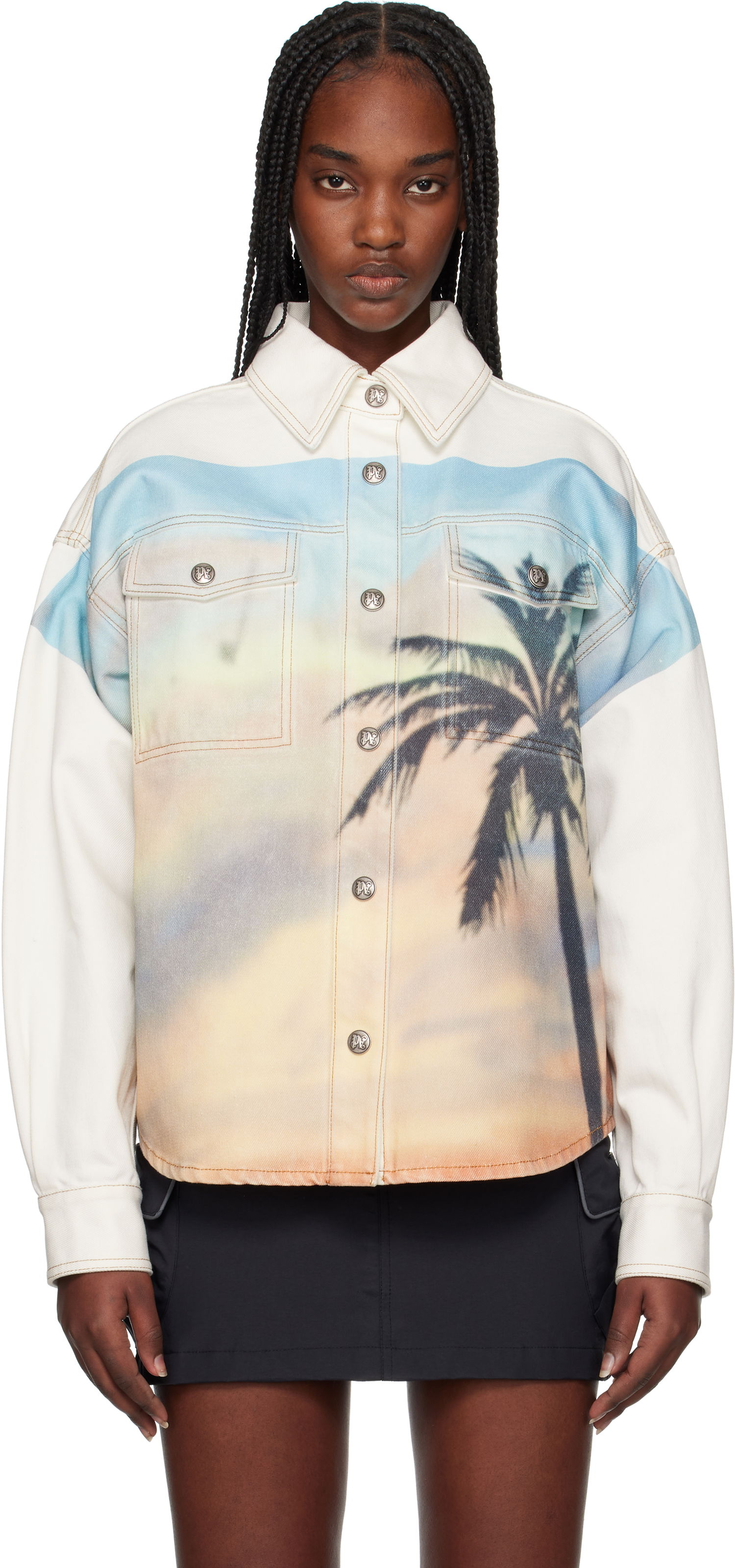 Skjorte Palm Angels Palm Angels Sunrise Palm Denim Overshirt Hvid | PWYD023S25DEN0010384, 0