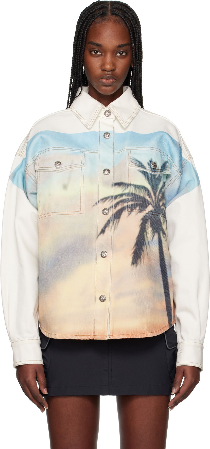 Skjorte Palm Angels Palm Angels Sunrise Palm Denim Overshirt Hvid | PWYD023S25DEN0010384