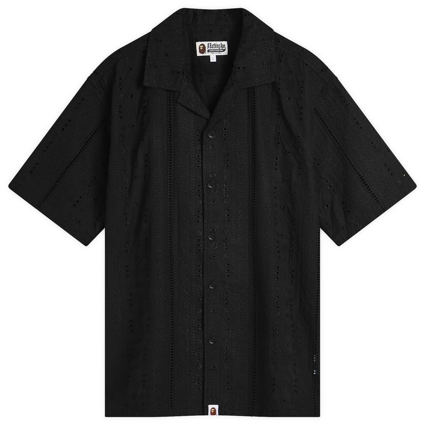 Skjorte BAPE A Bathing Ape Embroidery Open Collar Short Sleeve Shirt, Size Large Sort | 001SRL301305M-BLK