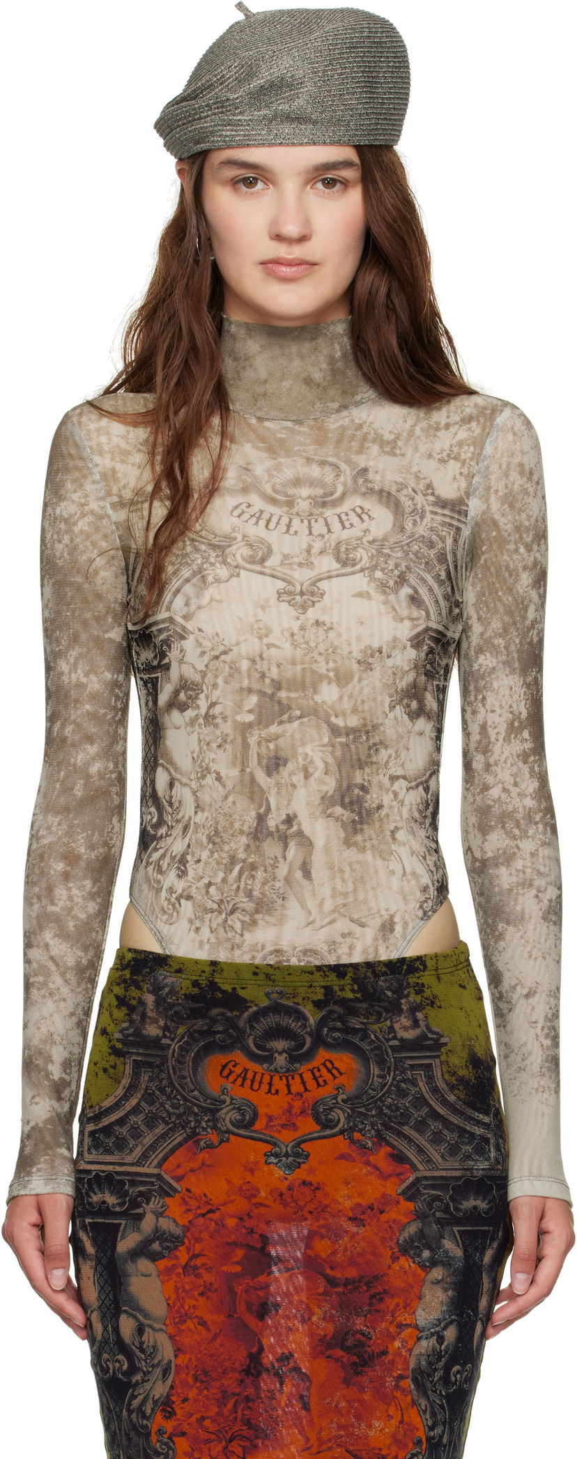 Krop Jean Paul Gaultier Jean Paul Gaultier 'The Médaillon' Open Back Turtleneck Bodysuit Beige | 25/03-W-TO306-M006P-6965