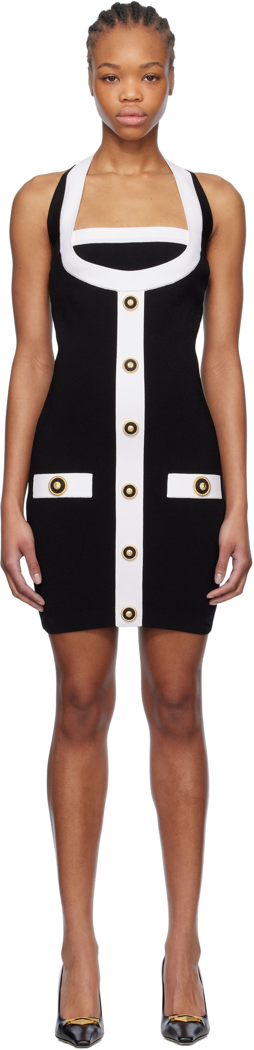 Kjole Balmain Balmain Two-Tone Halterneck Knit Mini Dress Sort | EF1R2390KH99