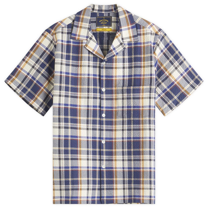 Skjorte Portuguese Flannel Men's Prainha Check Seersucker Vacation Shirt, Size Large Blå | SS25-075-BLW