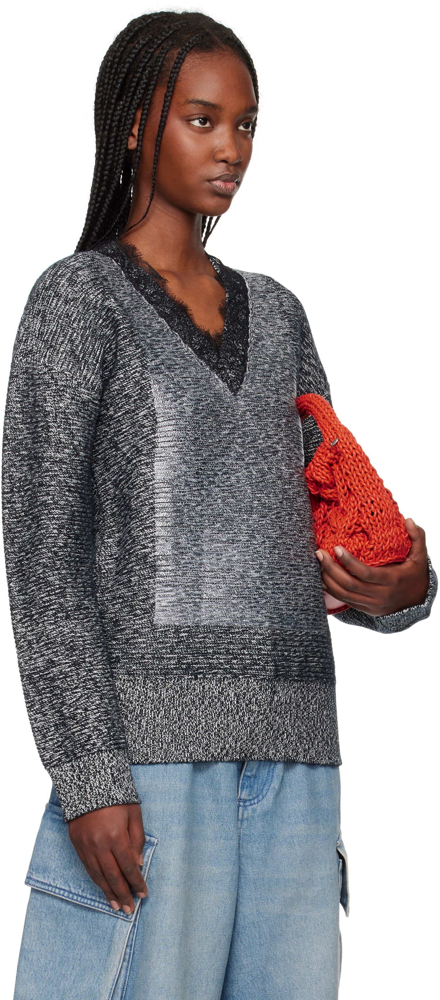 Sweater JW Anderson JW Anderson V-Neck Lace Trim Sweater Grå | KW1400-YN0402, 1
