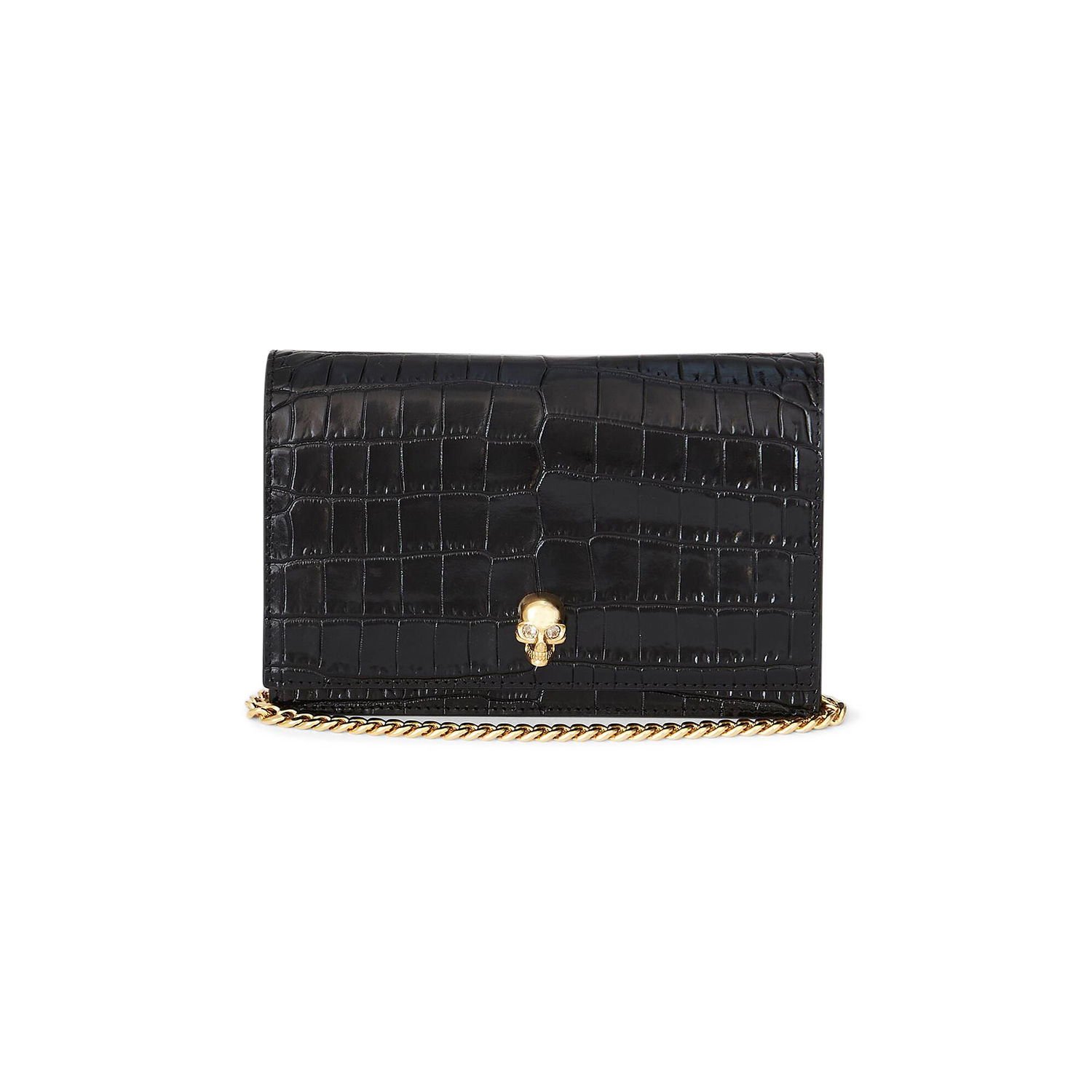 Tegnebog Alexander McQueen Alexander McQueen Small Skull Croc-Embossed Leather Chain Wallet Sort | 6130881HB0G1001, 1