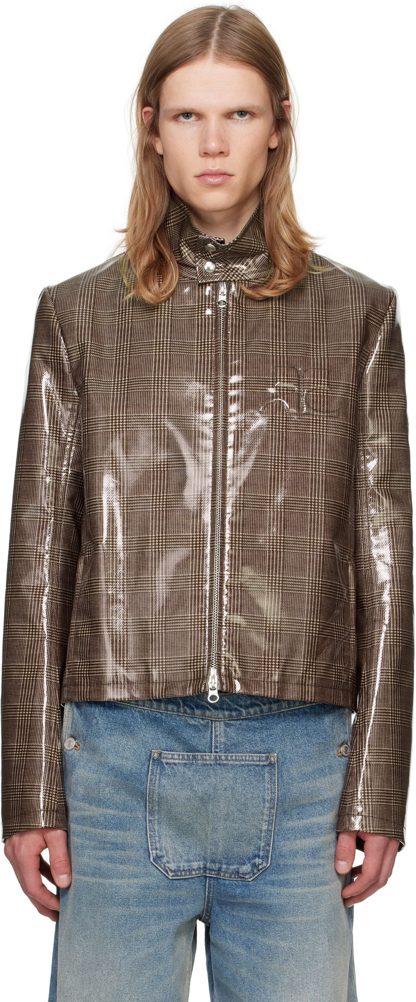 Jakke Courrèges Courrèges Prince Of Wales Vinyl Biker Jacket Brun | 324CBL195VY0023