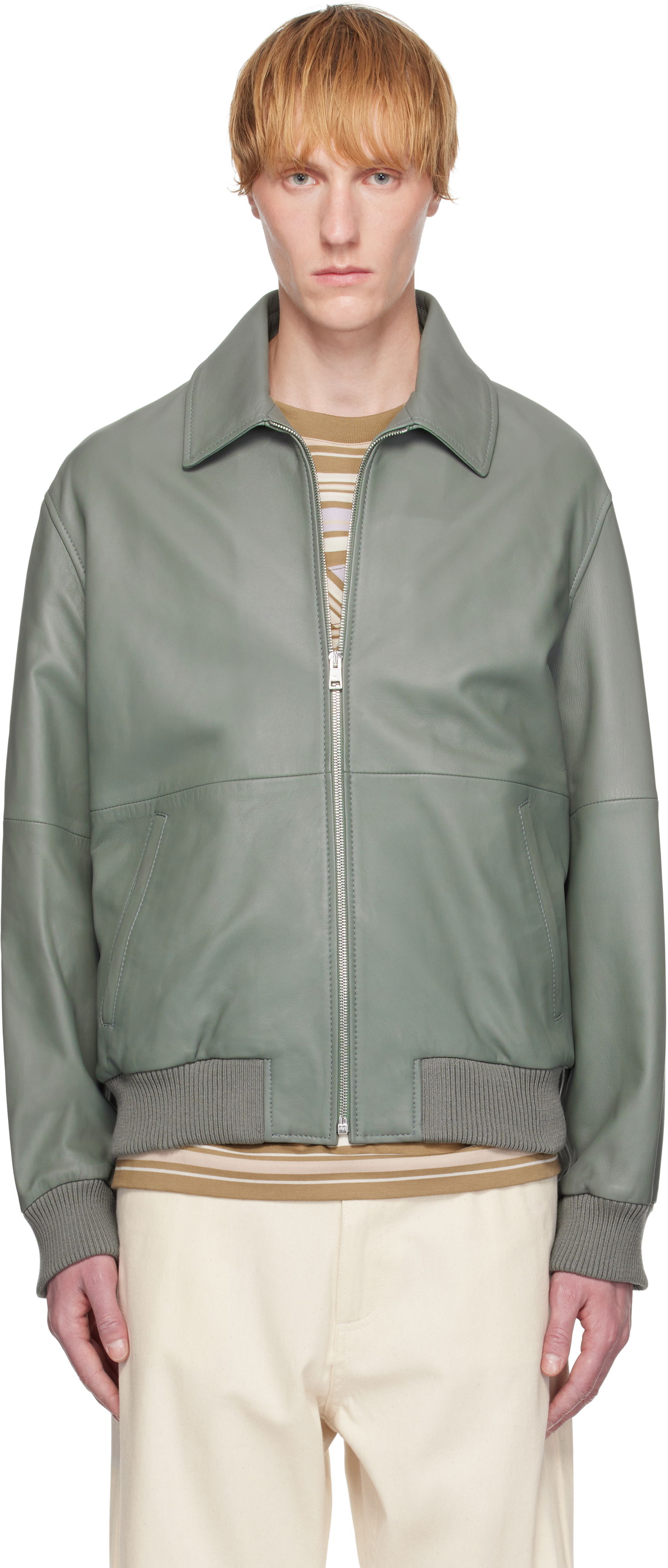 Bomberjakke MAISON KITSUNÉ Maison Kitsuné Leather Bomber Jacket Grøn | OM02129LR0019, 0