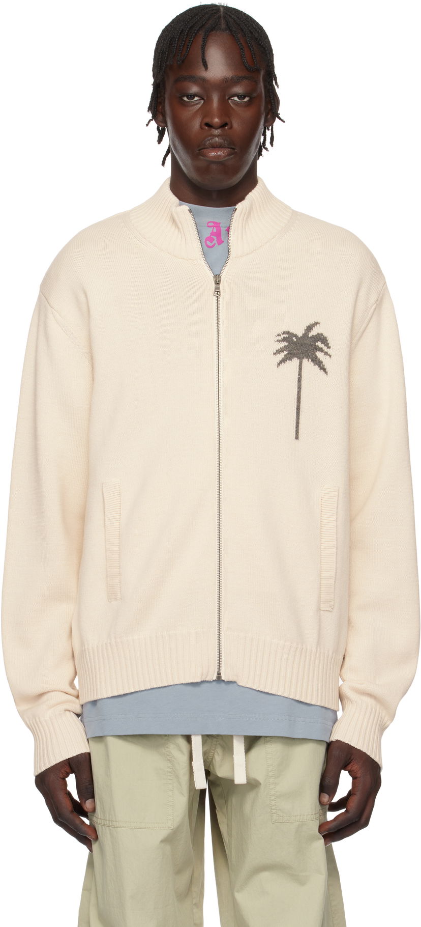 Jakke Palm Angels Knit Track Jacket With Palms Embroidery Beige | PMHA061S25KNI0010308