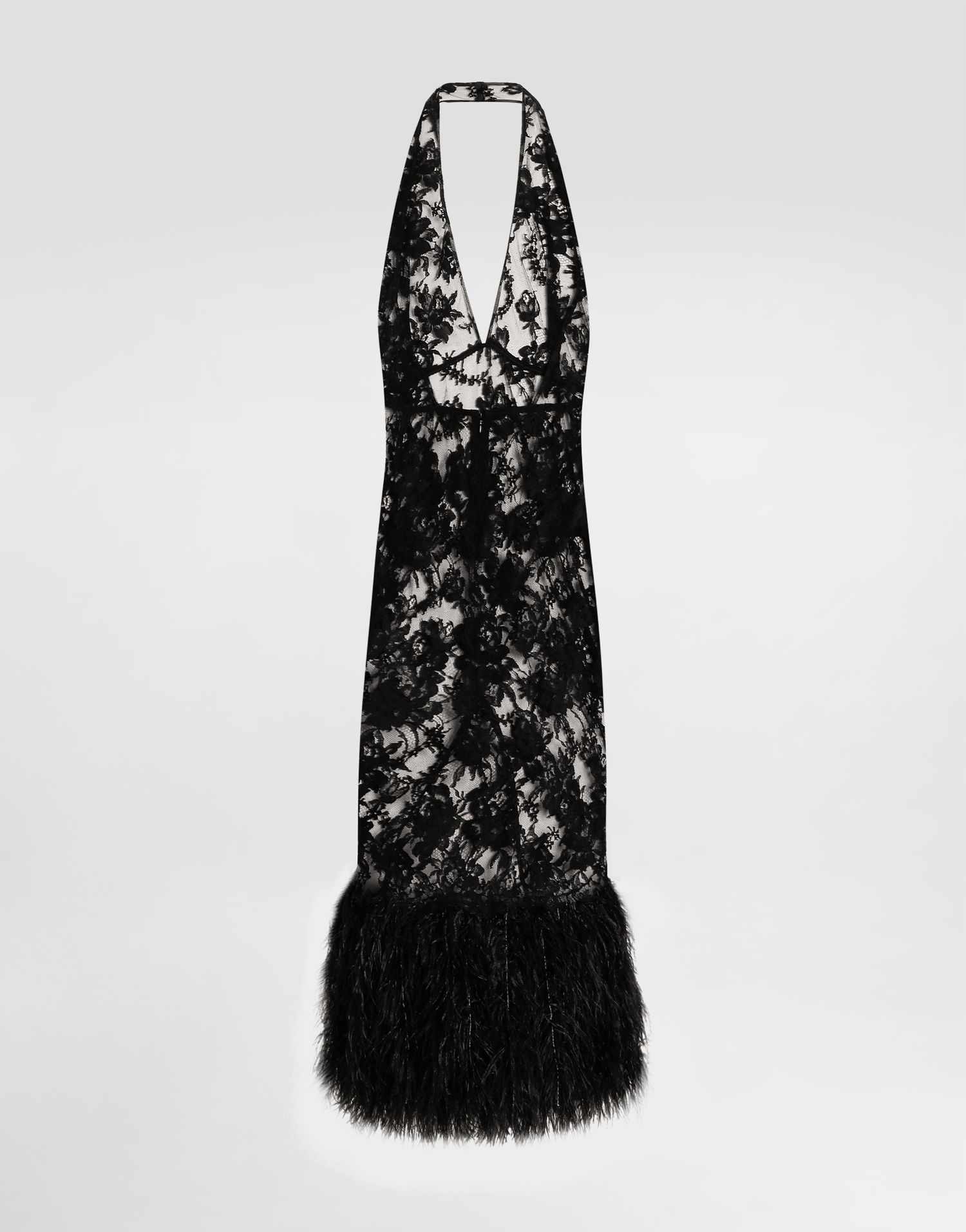 Kjole Dolce & Gabbana Dolce & Gabbana Chantilly Lace Halter Dress with Feather Trim Sort | F60DFZHLMQJN0000, 0