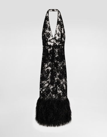 Kjole Dolce & Gabbana Dolce & Gabbana Chantilly Lace Halter Dress with Feather Trim Sort | F60DFZHLMQJN0000, 0