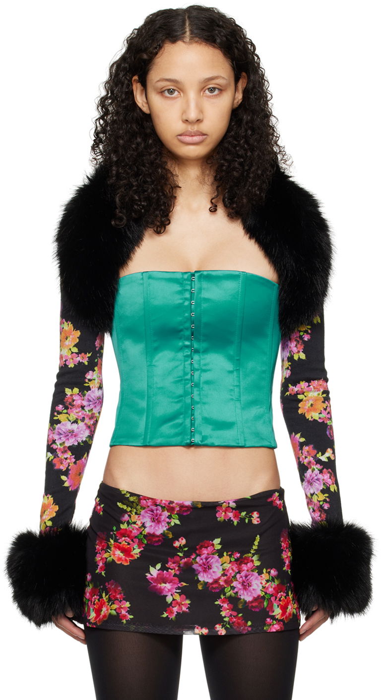 Tanktop GUIZIO GUIZIO Floral Print and Faux Fur Cardigan Grøn | R24645