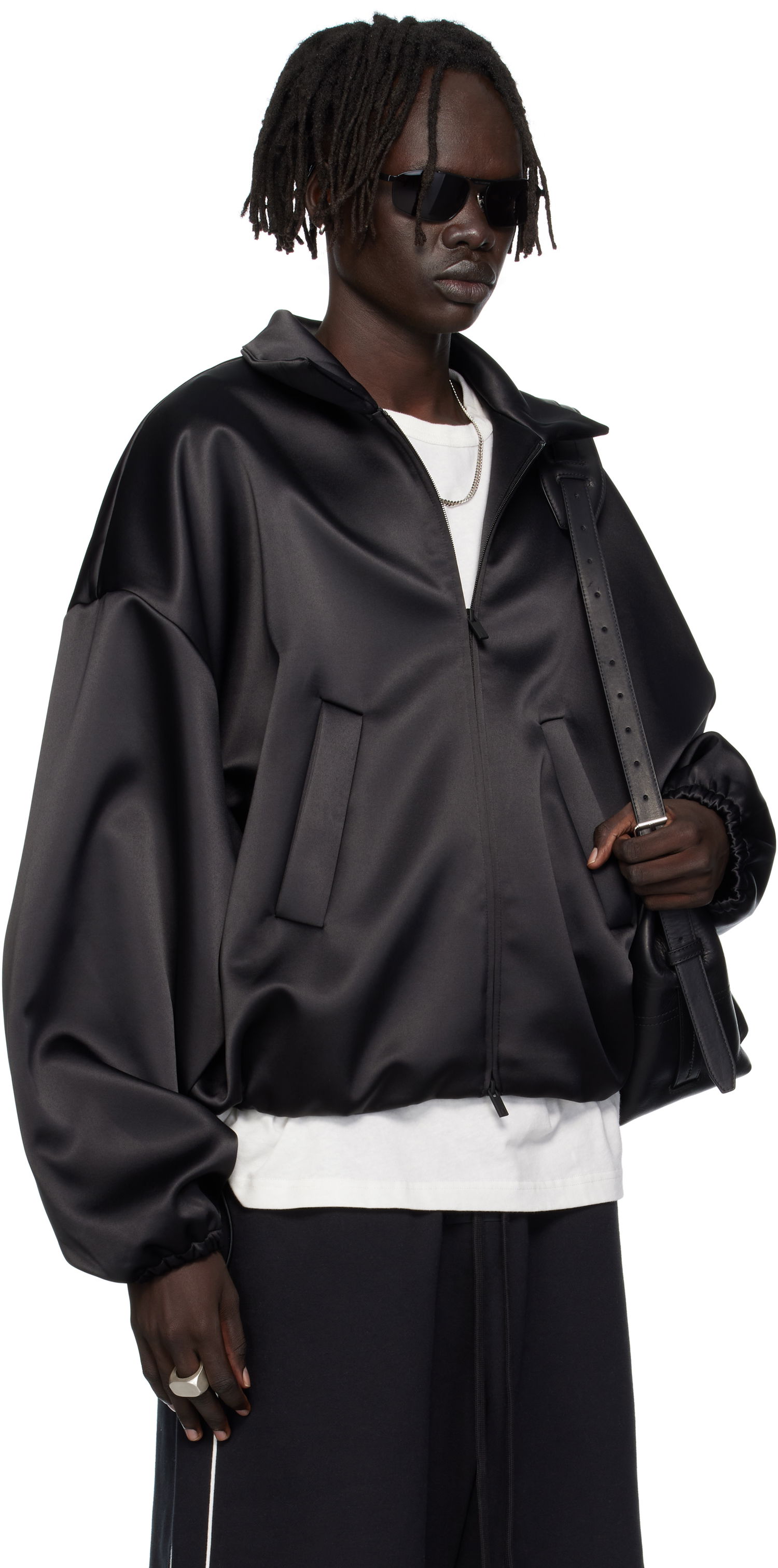 Bomberjakke Fear of God ESSENTIALS Bonded Satin Zip-Up Bomber Jacket Sort | 202SP258070F, 1