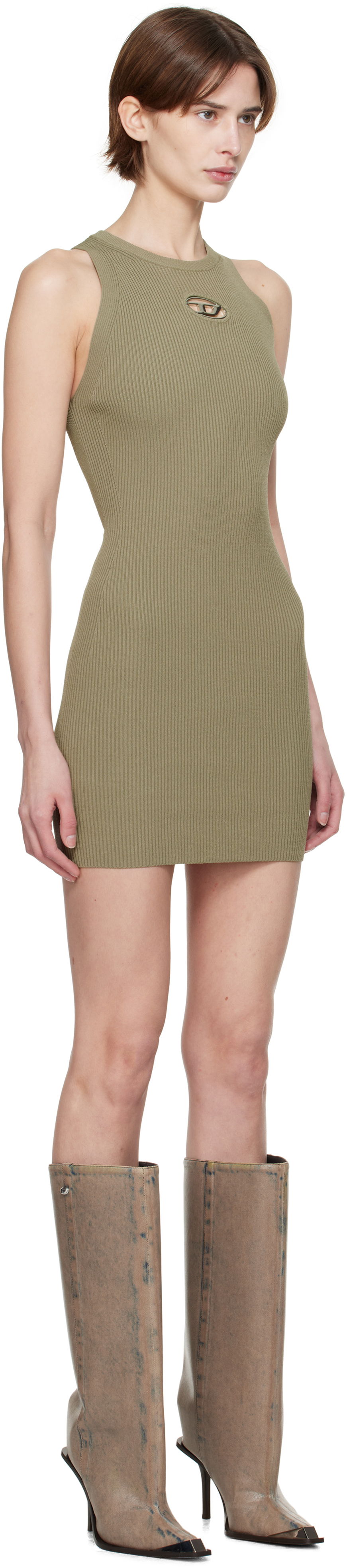 Kjole Diesel Diesel M-Caddix Cutout Ribbed Knit Mini Dress Grøn | A17449 0DLAX, 1