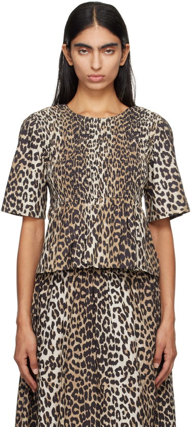 T-shirt GANNI GANNI Smocked Leopard Print Blouse Beige | W0205, 0