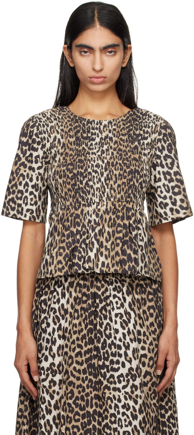 T-shirt GANNI GANNI Smocked Leopard Print Blouse Beige | W0205