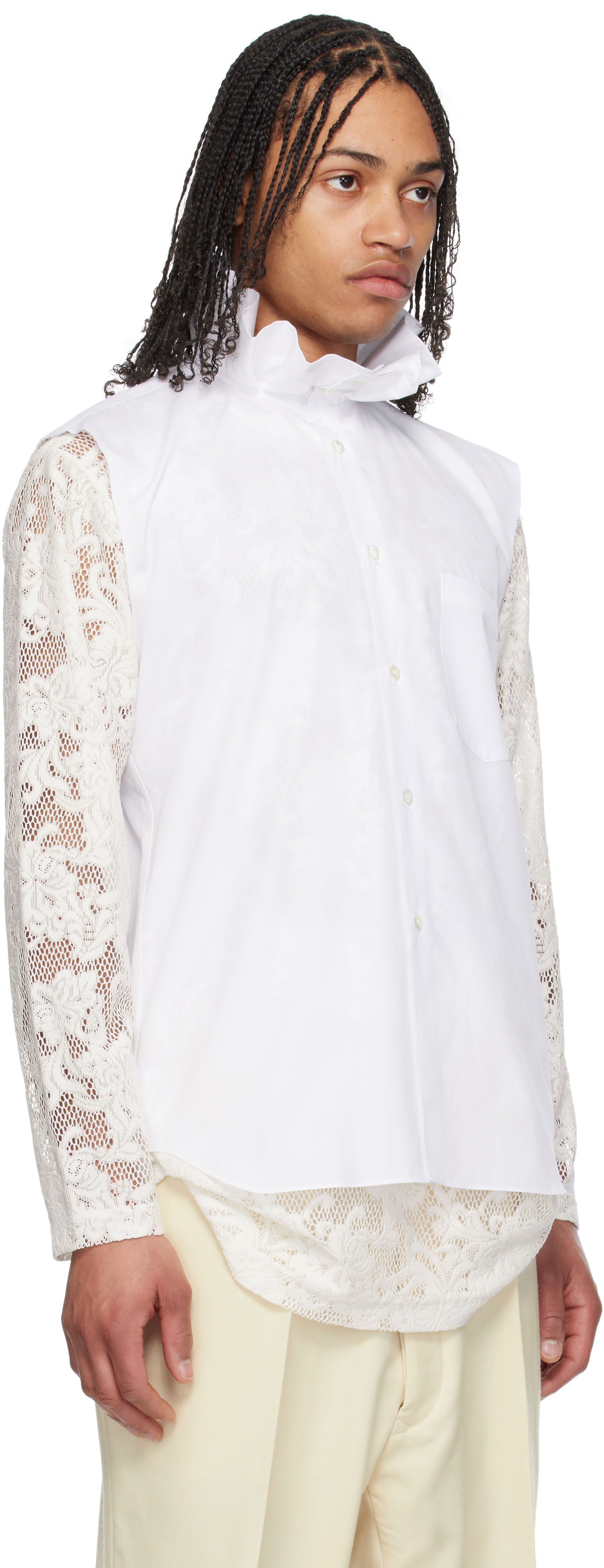 Skjorte Comme des Garçons Comme des Garçons Homme Plus Cotton Sleeveless Shirt with Lace Sleeves Hvid | PO-B029-051, 1