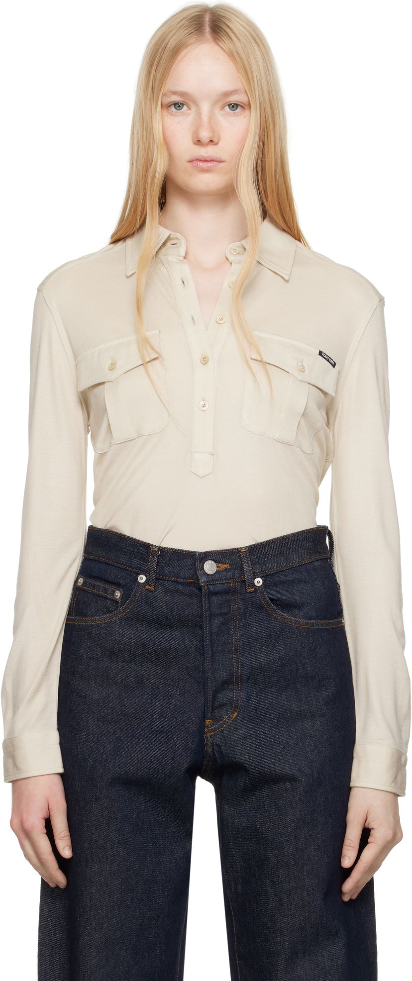 Polo skjorte Tom Ford TOM FORD Jersey Long Sleeve Military Polo Beige | TSJ586-JEX142