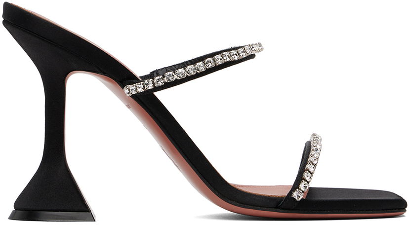 Tilbehør Amina Muaddi Amina Muaddi Gilda Crystal-Embellished Satin Heeled Sandals Sort | GILDA SLIPPER CL SATIN