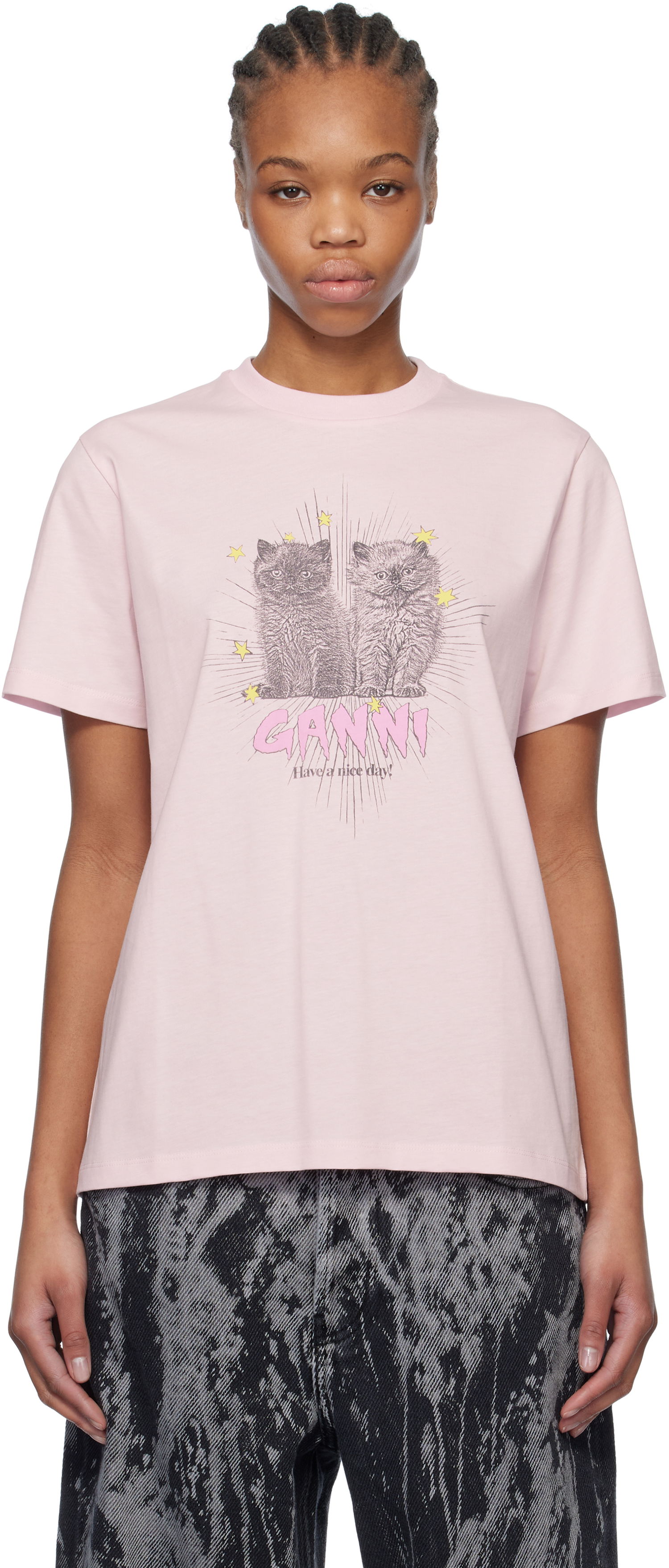 T-shirt GANNI GANNI Relaxed Kitten Graphic T-Shirt Lyserød | T4164, 0