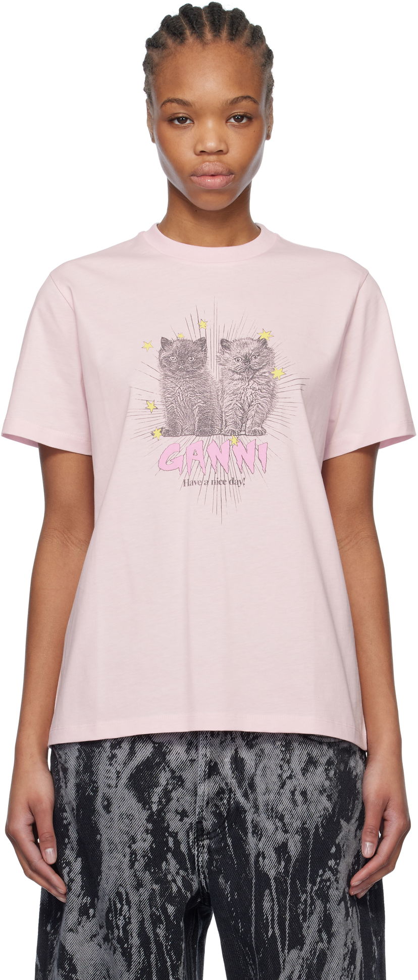 T-shirt GANNI GANNI Relaxed Kitten Graphic T-Shirt Lyserød | T4164