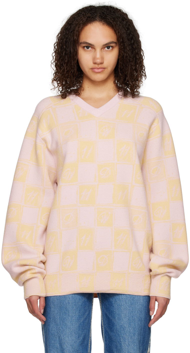 Sweater We11done We11done Checkerboard V-Neck Sweater Lyserød | WD-KT3-22-639-U-YE