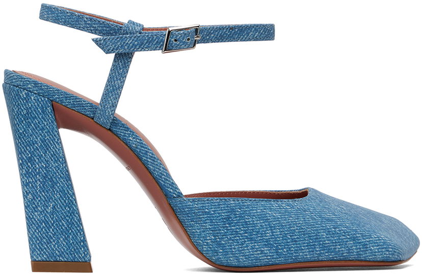Sneakers og sko Amina Muaddi Suede Printed Denim Heels Blå | CHARLOTTE PUMP BLOCK PRINTED