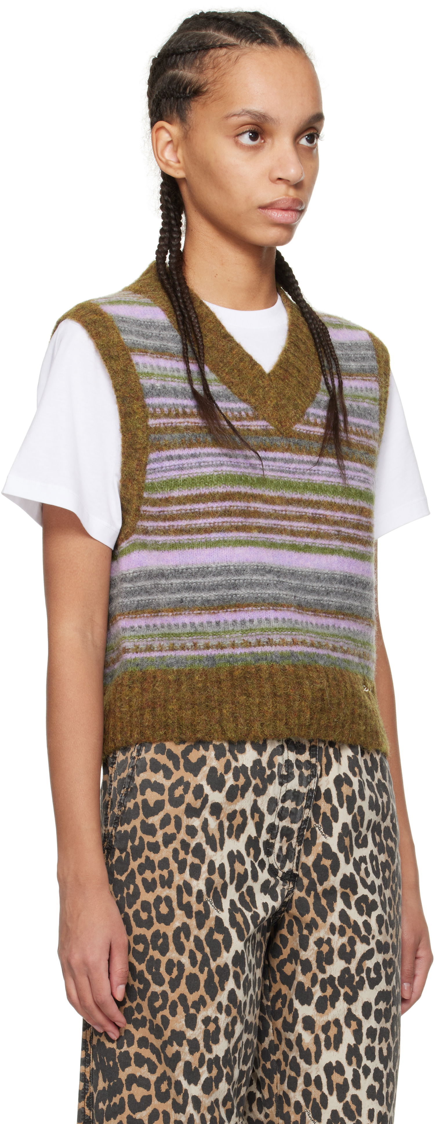 Sweater GANNI GANNI Soft Wool Striped Knit Vest Brun | K2356, 1