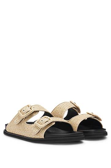 Tilbehør BOSS Raffia Buckled Slides Beige | 50542333