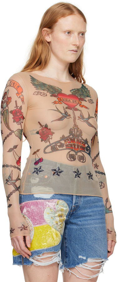 T-shirt Anna Sui Anna Sui Tattoo Mesh Long Sleeve T-Shirt Beige | 224P21, 1