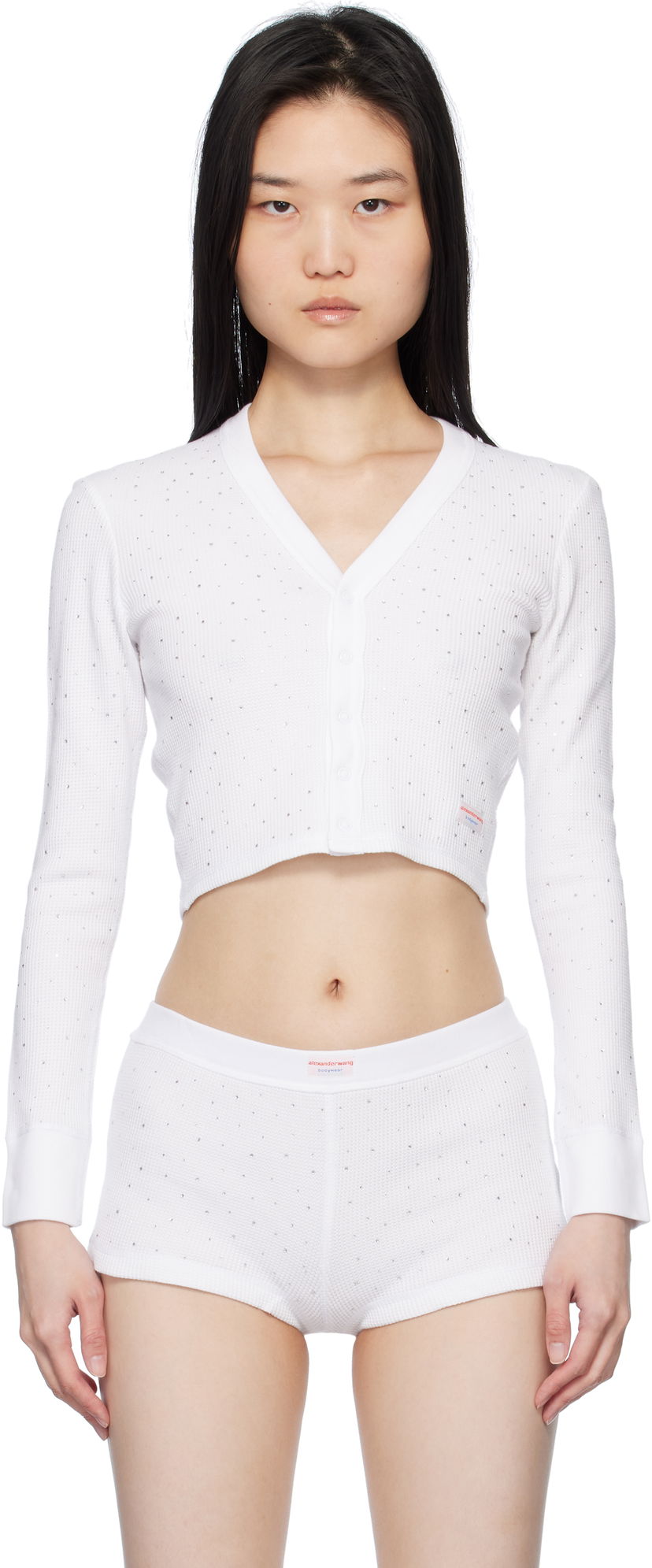Sweater Alexander Wang White Crystal Hotfix Long-Sleeve Waffle Cardigan Hvid | 8C4245810T