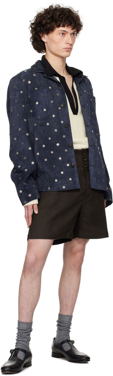 Jakke Bode Bode Clover Suede Work Shirt Blå | MRS25JA034, 3