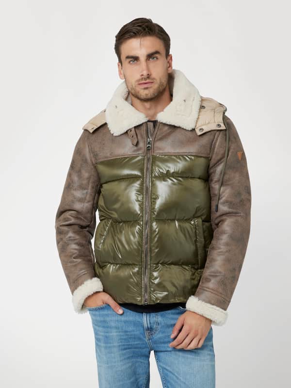 Puffer jakke GUESS Faux Leather and Nylon Puffer Jacket Grøn | M4BL37WGJL0