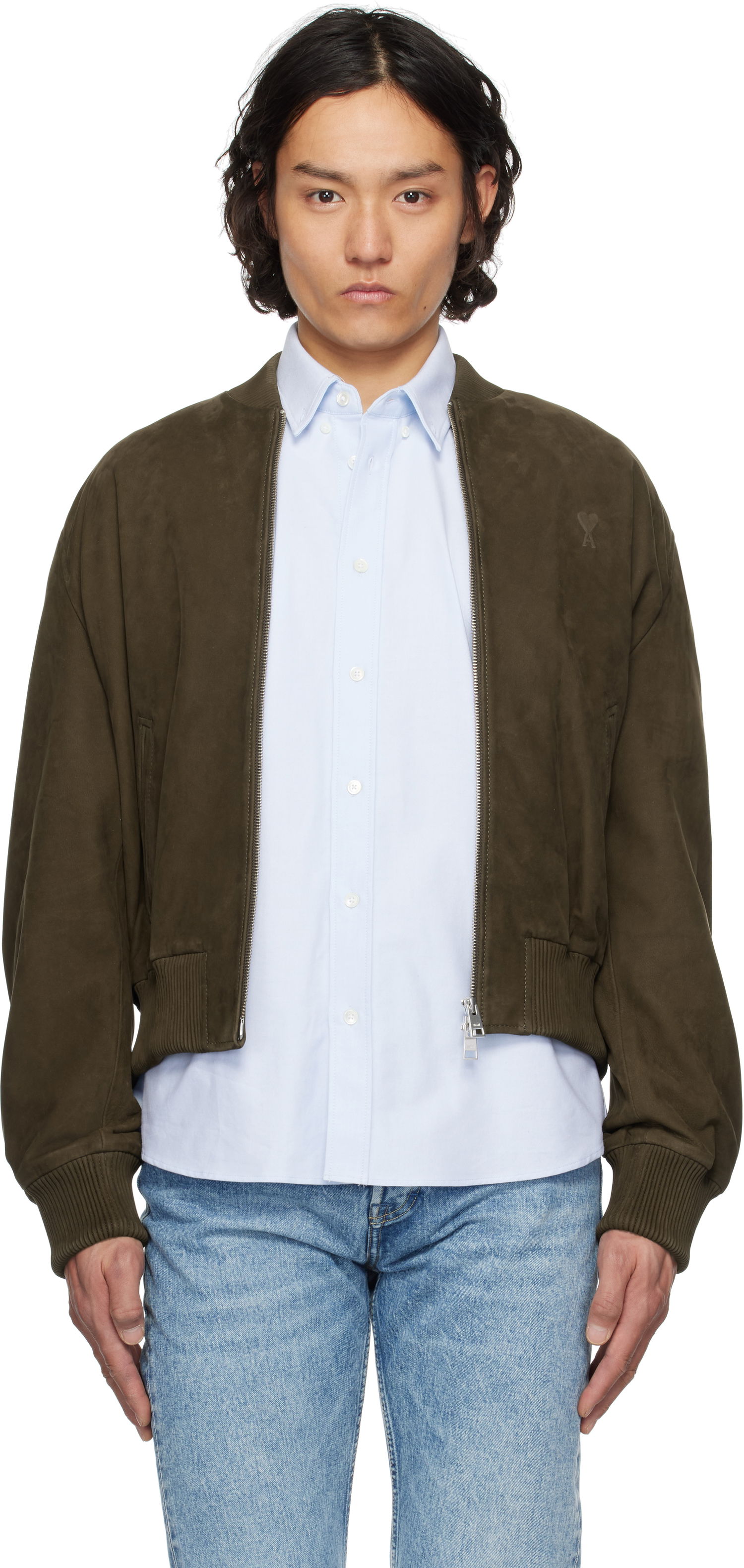 Bomberjakke AMI AMI Paris Zipped Suede Jacket Grøn | HJK152.LH0052, 0