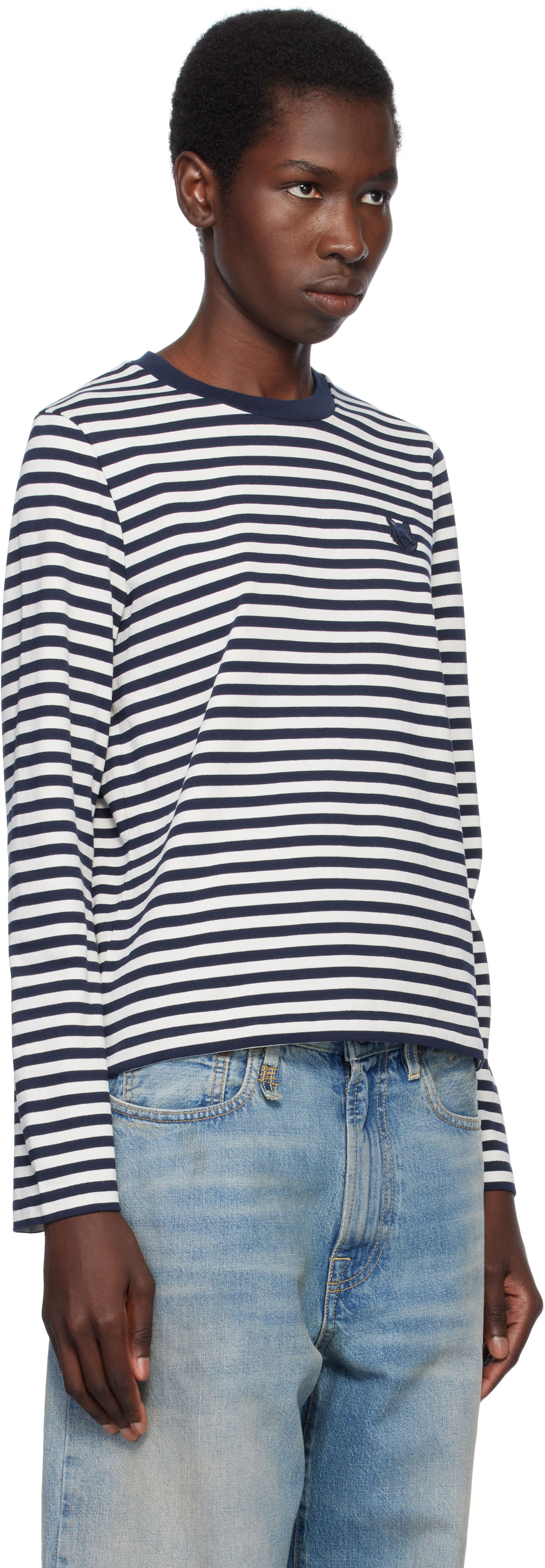 T-shirt MAISON KITSUNÉ Maison Kitsuné Fox Head Patch Striped T-Shirt Mørkeblå | OW00111KA0026, 1