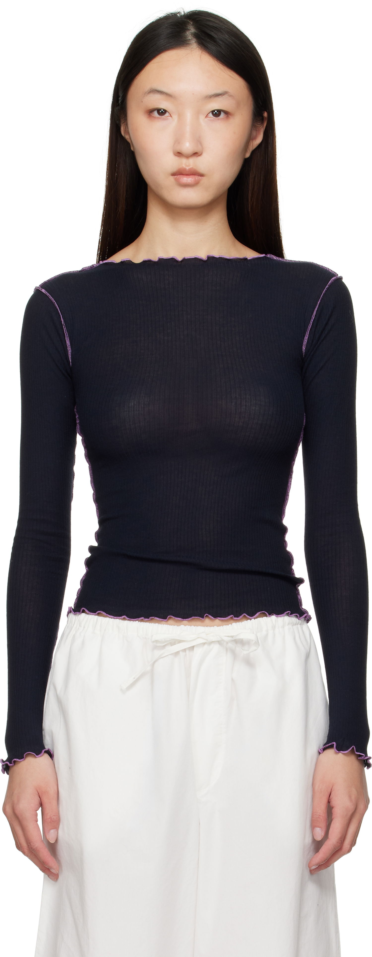 T-shirt Baserange Baserange Lettuce Edge Long Sleeve T-Shirt Sort | TTVL-CR-AU25, 0