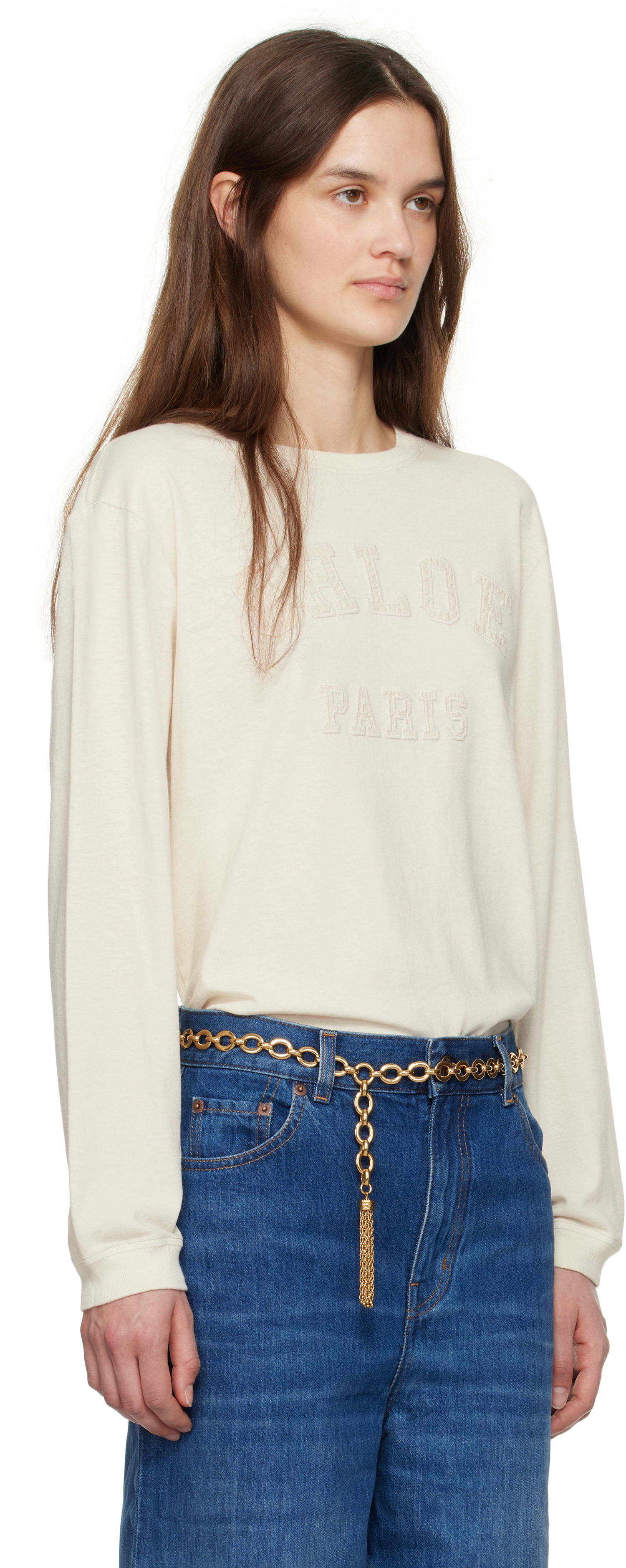 T-shirt CHLOÉ Chloé Oversized Logo Long Sleeve T-Shirt Beige | CH25SJH07183, 1